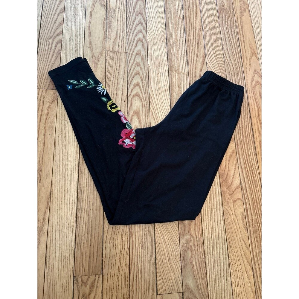 Leggings black embroidered flowers floral high waisted womens juniors spring NEW